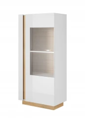 Witryna niska RITA 72 cm meble do salonu, szklane półki, biały połysk/ dąb