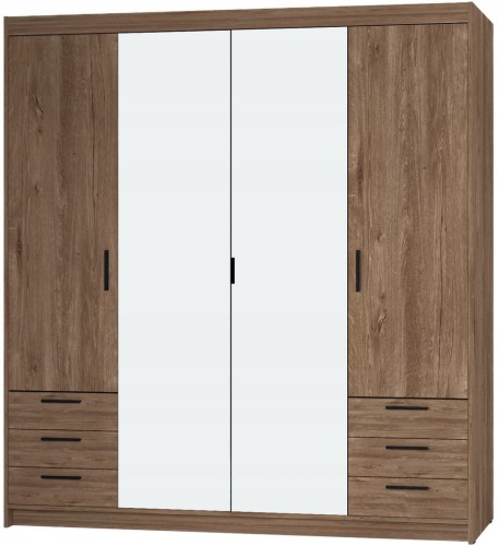 Przejdź do produktu Pojemna Szafa Czterodrzwiowa KLEO lustro + 6 szuflad Garderoba DĄB LEFKAS