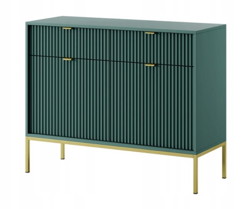 Przejdź do produktu Komoda 2D 2S ZANZI 104 x 83 x 39 cm do salonu, lamele ZIELONY /ZŁOTY STELAŻ