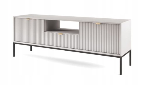 Przejdź do produktu SZAFKA RTV ZANZI 154 x 56 x 39 cm do salonu, lamele SZARY / CZARNY STELAŻ