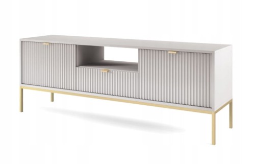 Przejdź do produktu SZAFKA RTV ZANZI 154 x 56 x 39 cm do salonu, lamele SZARY / ZŁOTY STELAŻ