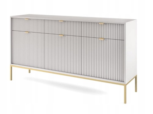 Przejdź do produktu Komoda trzydrzwiowa z szufladami Zanzi 154 cm Szara ryflowane fronty i złoty stelaż
