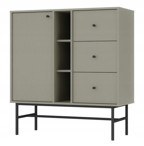 Przejdź do produktu Komoda SYDNEY3, szuflady + półki, eucaliptus / czarny stelaż