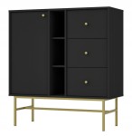 Komoda SYDNEY3, szuflady + półki, czarny grafit / złoty stelaż
