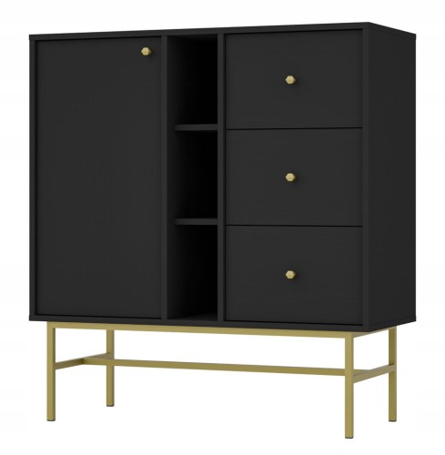 Przejdź do produktu Komoda SYDNEY3, szuflady + półki, czarny grafit / złoty stelaż