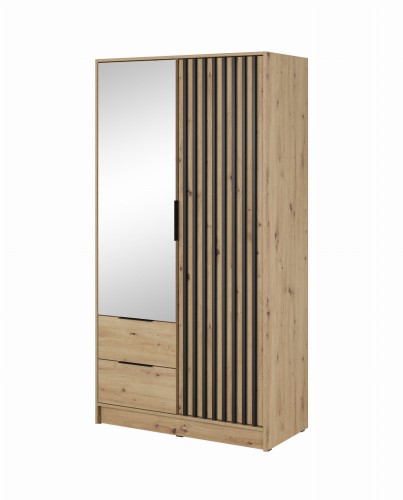 Przejdź do produktu Szafa dwudrzwiowa uchylna z lustrem MALWA 105 cm z szufladami DĄB ARTISAN /  lamela CZARNA