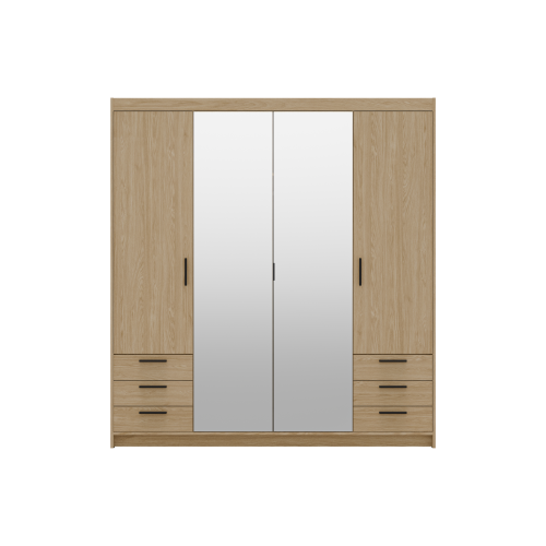Przejdź do produktu Szafa Czterodrzwiowa z lustrem KLEO, garderoba z sześcioma szufladami  176 cm DAB OLEJOWANY