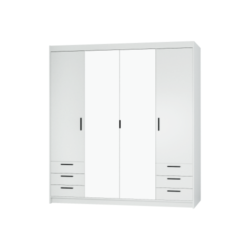 Przejdź do produktu Pojemna Szafa Czterodrzwiowa KLEO lustro + 6 szuflad Garderoba KOLOR BIAŁY