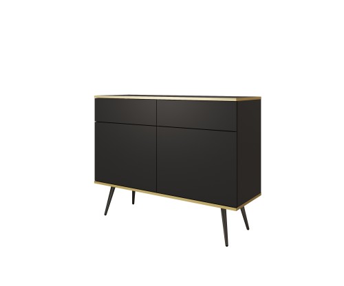 Przejdź do produktu Komoda dwudrzwiowa 107 cm Aurezzia dwie szuflady - Czarna ze złotymi zdobieniami i czarnymi nogami 