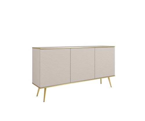 Przejdź do produktu Komoda trzydrzwiowa 160 cm Aurezzia beżowa z frezowanymi frontami MDF i złotymi nogami