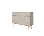 Komoda dwudrzwiowa 107 cm Aurezzia beżowa z ryflowanymi frontami MDF, 2 szufladami i złotymi nogami