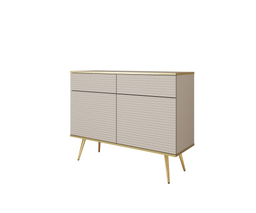 Przejdź do produktu Komoda dwudrzwiowa 107 cm Aurezzia beżowa z ryflowanymi frontami MDF, 2 szufladami i złotymi nogami