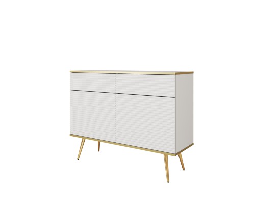 Przejdź do produktu Komoda dwudrzwiowa 107 cm Aurezzia biała z ryflowanymi frontami MDF, 2 szufladami i złotymi nogami
