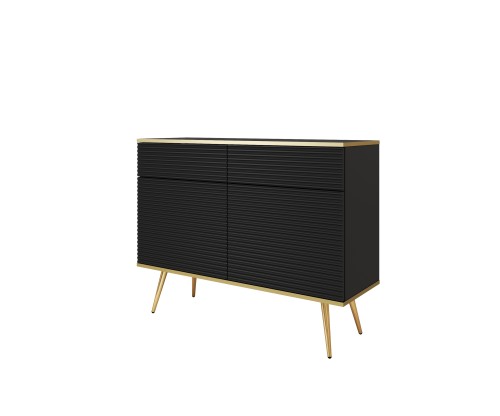 Przejdź do produktu Komoda dwudrzwiowa 107 cm Aurezzia czarna z ryflowanymi frontami MDF, 2 szufladami i złotymi nogami
