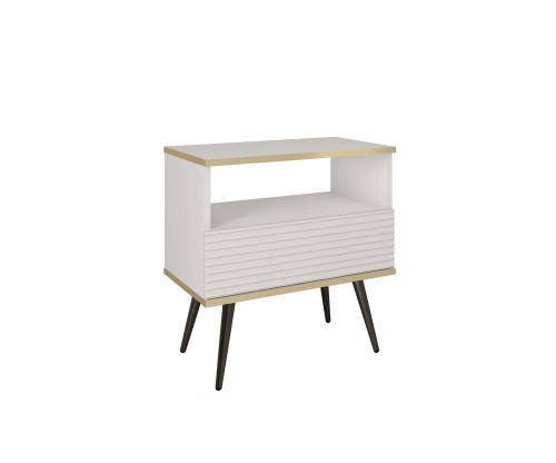Przejdź do produktu Szafka nocna 54 cm Aurezzia biała z ryflowanym frontem MDF i czarnymi nogami