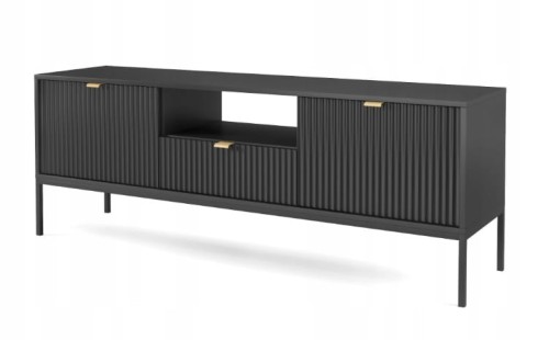 Przejdź do produktu SZAFKA RTV ZANZI 154 x 56 x 39cm meble salon, lamele CZARNY / CZARNY STELAŻ