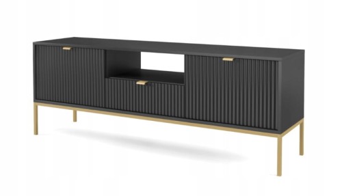 Przejdź do produktu SZAFKA RTV ZANZI 154 x 56 x 39 cm do salonu, lamele CZARNY / ZŁOTY STELAŻ