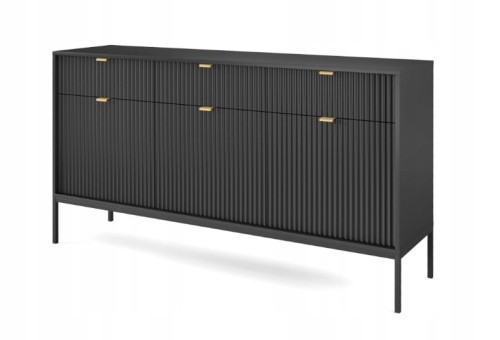 Przejdź do produktu Komoda trzydrzwiowa z szufladami Zanzi 154 cm Czarna ryflowane fronty i czarny stelaż