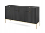 Komoda trzydrzwiowa z szufladami Zanzi 154 cm Czarna ryflowane fronty i złoty stelaż