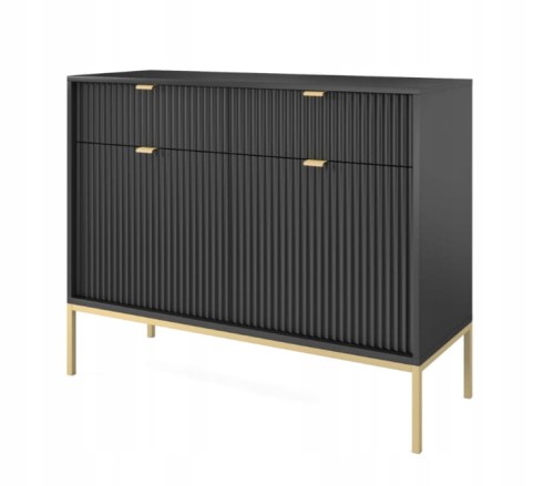 Przejdź do produktu Komoda 2D 2S ZANZI 104 x 83 x 39 cm do salonu, lamele CZARNY / ZŁOTY STELAŻ