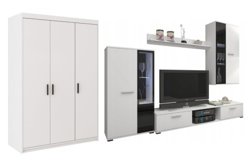 Przejdź do produktu Zestaw mebli do salonu Klerio, MEBLOŚCIANKA + SZAFA, biały