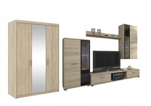 Przejdź do produktu Zestaw mebli do salonu Klerio, MEBLOŚCIANKA + SZAFA, dąb sonoma