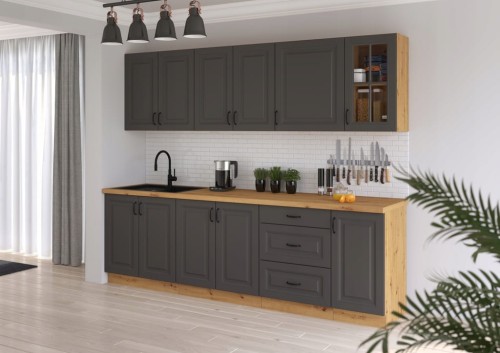 Przejdź do produktu Zestaw mebli kuchennych modułowych ATENA 260 cm – kuchnia Grafit mat / Dąb Artisan