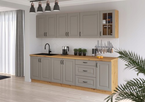 Przejdź do produktu Zestaw mebli kuchennych modułowych ATENA 260 cm – kuchnia Jasno Szary mat / Dąb Artisan