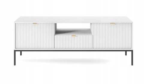 Przejdź do produktu SZAFKA RTV ZANZI 154 x 56 x 39 cm do salonu, lamele BIAŁY / CZARNY STELAŻ