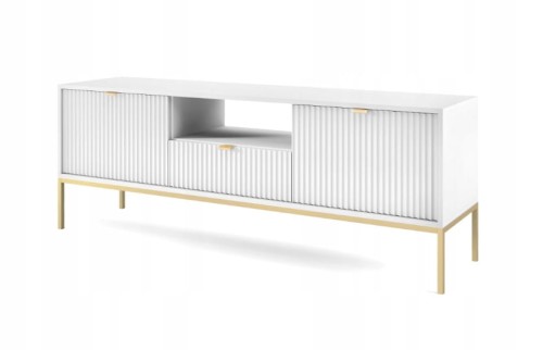 Przejdź do produktu SZAFKA RTV ZANZI 154 x 56 x 39 cm do salonu, lamele BIAŁY / ZŁOTY STELAŻ